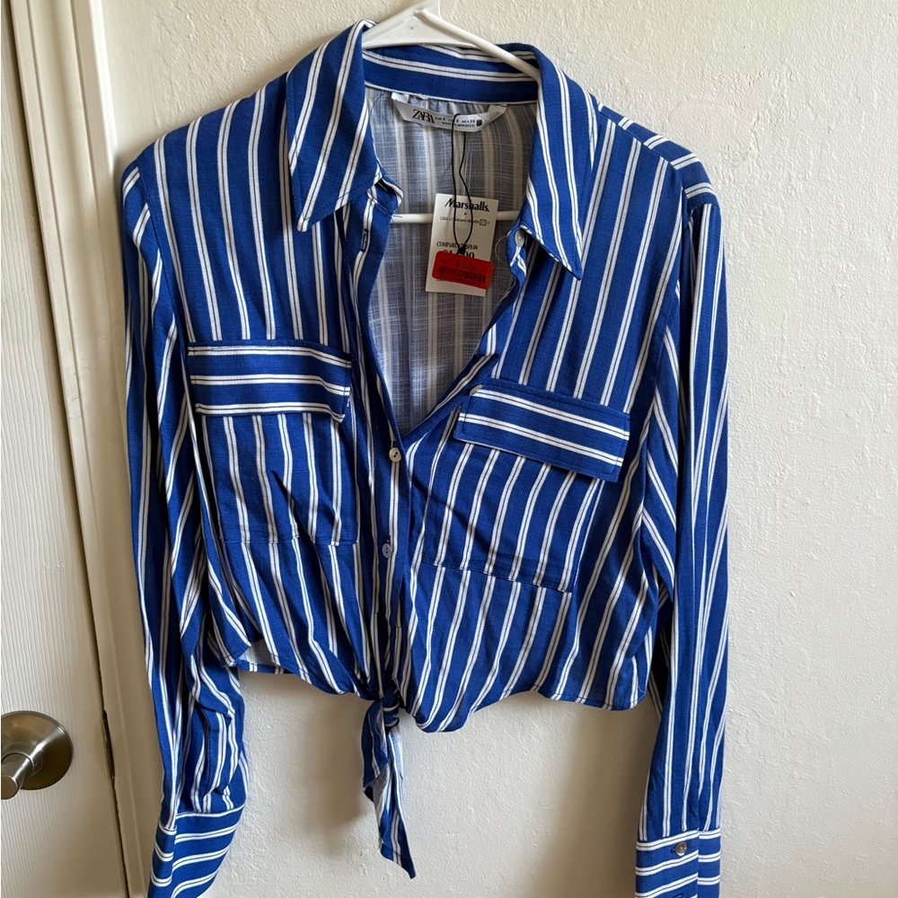 Zara Blue and White Striped Tie-Front Shirt